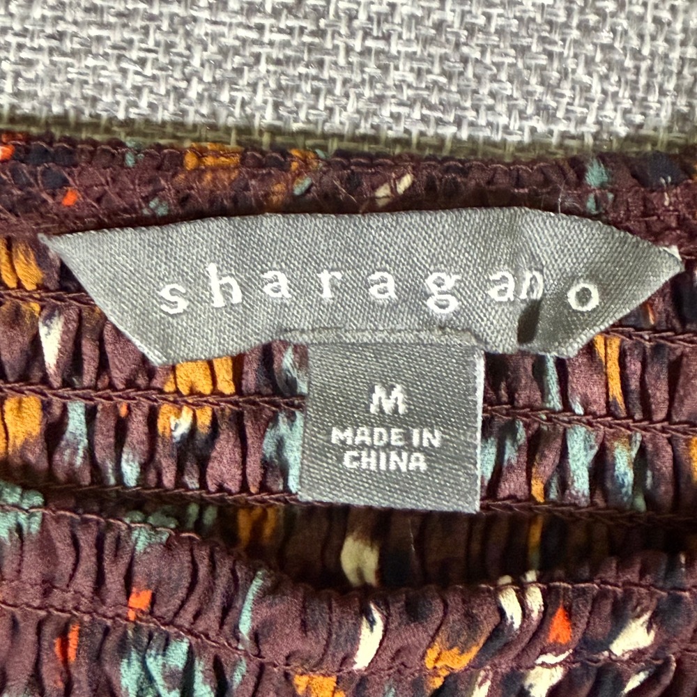 Sharagano Smocked Blouse Womens M Burgundy Abstract Ruffle Boho Career Top - Picture 6 of 10